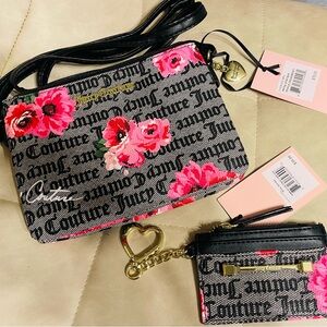 Juicy Couture Black and Pink Floral Crossbody Bag & Card Case
